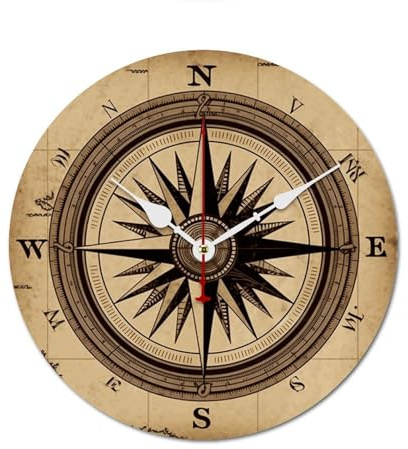QMNVBDS Horloge murale en bois avec boussole et carte routière, fonctionne à piles, sans échelle, grande horloge murale en bois pour salon, horloge murale silencieuse décorative