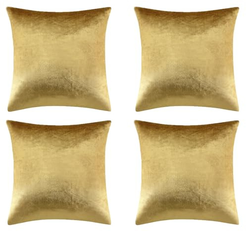 Juego de 4 Cubiertas de Almohada de Terciopelo Italiano de 18x18 Pulgadas, Fundas de Almohada de tiros Decorativos de Oro con Cremallera Oculta, Lavable para el hogar, Hotel