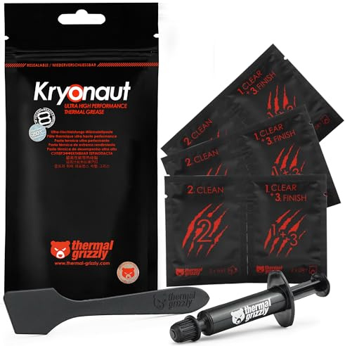 Thermal Grizzly Kryonaut - 1 Gram - Extremely High Performance Thermal Paste + 12 Cleaning Wipes 6 Wet & 6 Dry - for Demanding Applications and Overclocking CPU/GPU/PS4/PS5/Xbox