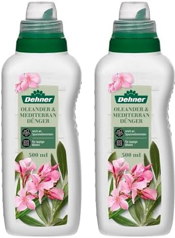 Dehner Oleander- und Mediterrandünger, hochwertiger Flüssigdünger, Dünger für Mediterranpflanzen, organischer NPK-Dünger, mit Spurennährstoffen, 500 ml, für ca. 75 l, bunt (Packung mit 2)
