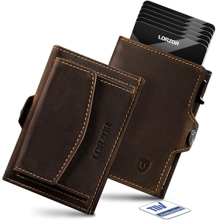 LORZOR Slim Wallet mit XXL-Münzfach für 10+ Münzen, Kartenetui Herren RFID Schutz, Echtleder Portmonee, Geldbörse Herren, Geldbeutel, Brieftasche, Smart Wallet, Kreditkartenetui für 10 Karten