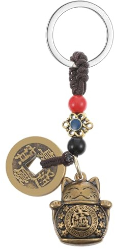 Porte-clés chat, porte-clés chat Maneki Neko en alliage de laiton de haute qualité avec porte-bonheur et pièces Feng Shui, symbole de prospérité, de succès et de protection personnelle