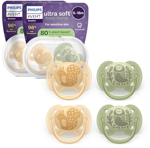 Philips Avent ultra soft-nappar – ortodontisk design, för bebisar 6–18 månader, flexibel sköld, symmetrisk silikonnapp, BPA-fri, 2 steriliseringsfodral, 4-pack, SCF091/52