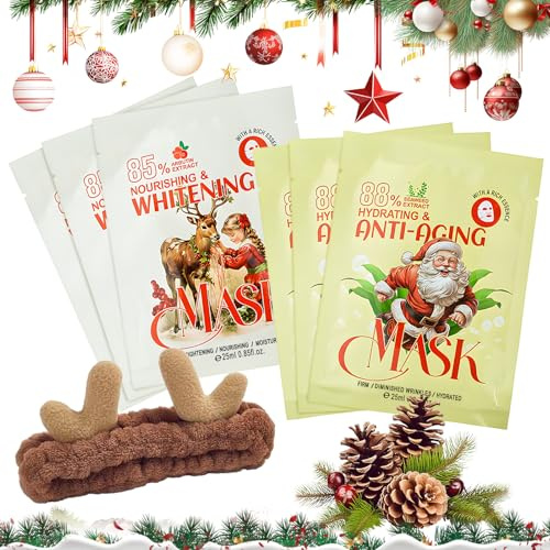 Mascarilla Facial Hidratante Navidad, Mascarillas Faciales Coreanas, mascarilla facial Niña, Navidad mascarilla facial Set con Diadema Maquillaje, Patrón Navideño Regalo para Amigos y Familiar, 7pcs