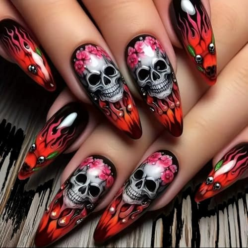 Halloween Press on Nails Almond Fake Nails Medium False Nails Skull Artificial Acrylic Nail Red Flame Flower Stick on Nail Full Cover Skeleton Glue on Nails for Women Halloween Manicure Decoration
