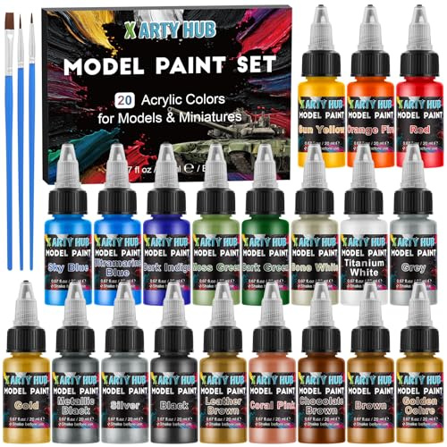 X ARTY HUB Kit de Peinture pour Maquettes - 20 Couleurs Acryliques (Base/Teints de Chair/Ombres/Métallisées) avec 3 Pinceaux, Pour Aérographe & Pinceau Idéal Wargames, Miniatures & Modèles