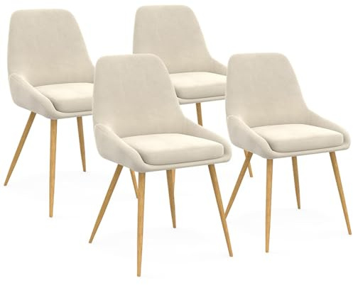IDMarket THALYA - Juego de 4 sillas de comedor de terciopelo beige y patas efecto madera con reposabrazos