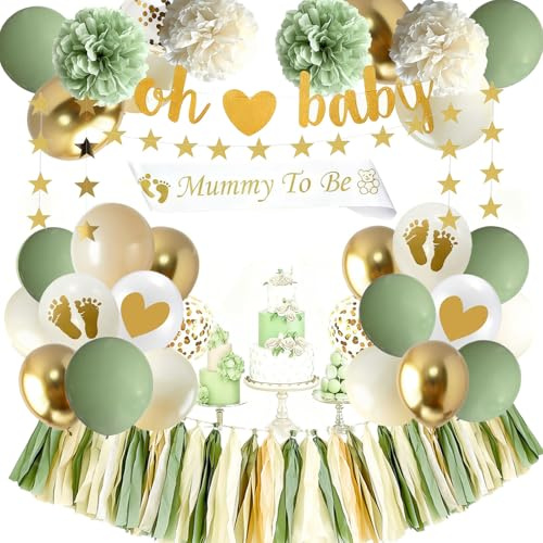 JCitimix Baby Shower Decorations, Green Gold Baby Shower Balloons, Oh Baby Banner with Mummy To Be Sash for Gender Reveal Party Decoration