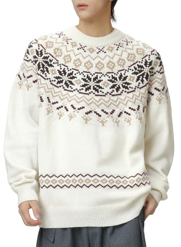 Generisch Maglione da Uomo Etnico, Pullover Norvegese, Maglione in Lana con Scollo Tondo, Maglione Invernale in Lana Grossa, Maglione Elasticizzato, Motivo Islandese, Maglione Natalizio Vintage