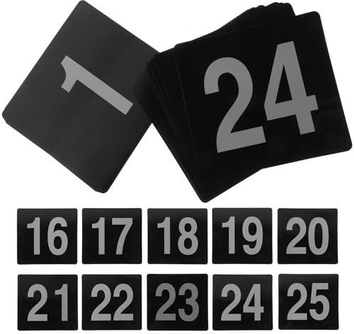 ROMISBABA 25 Pezzi Insegne Numeriche per Tavoli 1-25 in PVC Nero Numeri Bianchi Cartellini Riutilizzabili per Sedie e Posti a Sedere Segnaposto per Matrimoni Feste e Ristoranti