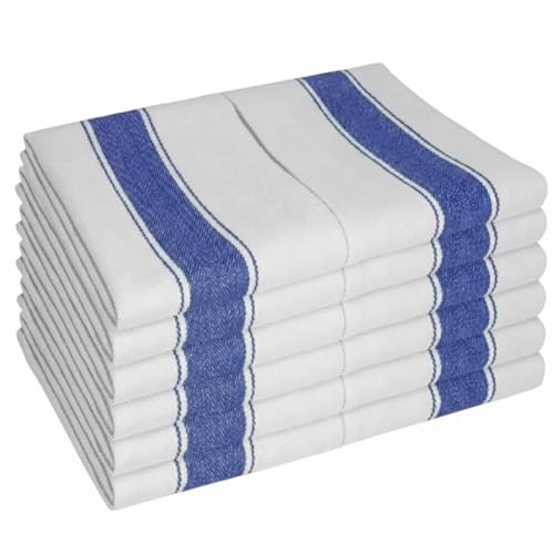 Pack of 10 Large Cotton Kitchen Tea Towels – 100% Soft & Absorbent Dish Cloths for Drying & Cleaning – Multipurpose Tea Towels Set – White & Blue Stripes – 50 x 75 cm