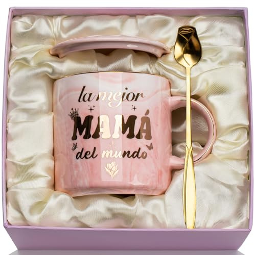 Regalo Madre, Regalo Cumpleaños Madre Taza 14oz, Regalos Originales para Madres Cerámica Mármol Rosa, Regalo Mamá, Regalos Día de la Madre Mug, con Tarjeta, Cuchara Caja de Regalo