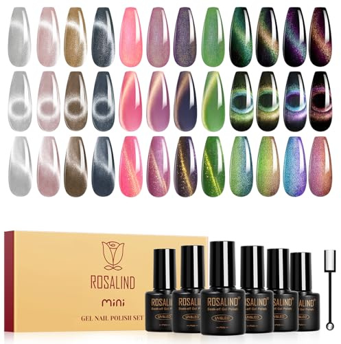 ROSALIND UV Nagellack Magnetisch 12 Farben Silber Rosa Braun Violett Grün | Cat Eye Gel Nagellack Katzenauge mit Magnet, Soak Off Mini UV LED Gel Nail Polish Cateye für Nail Art Maniküre Geschenkset