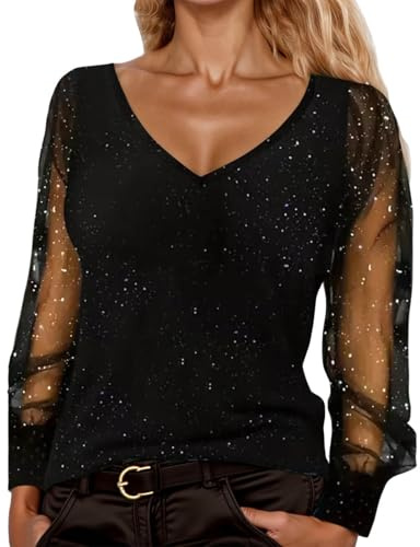 DFEK Pailletten Glitzer Oberteile Damen Bluse Elegant Sexy V-Ausschnitt Silvester Outfit Festliche Modern Casual Mit Oberteile Herbst Winter Langarm Tunika für Abend & Fest