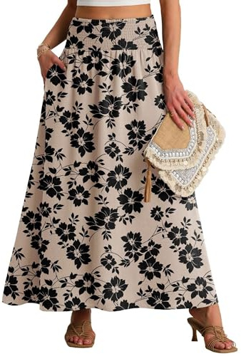 QIXING Maxi Skirts for Women Smocked Elastic High Waisted Casual Boho Swing Pleated Beach Long Skirts with Pockets