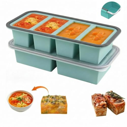 2 Piezas Molde para Congelar Porciones, 125ml/250ml/500ml Souper Cubes | Extra Grandes Moldes de Congelador de Sopa con Tapas sin BPA para Caldo, Sopa, Sobras, Salsa (2+4 Compartimentos)