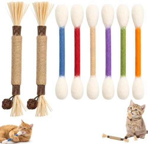 BeoTnp Cat Toys, 8pcs Cat Toys for Indoor Cats Adult, Interactive Cat Toy Set With Cotton Swab Toys and Silvervine Sticks, Interactive Playtime Accessories For Indoor Cats