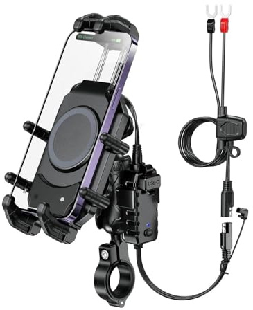 YUQUDGELKY Motorrad Handyhalterung mit Qi 15W Wireless Charger 30W PD/USB-C Schnellladung Anti-Diebstahl Lenker Handyhalter