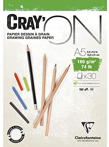 Clairefontaine 975026C Zeichenblock Cray’On (160 g, ideal für Trockentechniken, 30 Blatt, DIN A5, 14,8 x 21 cm, kopfseitig geleimt) extra weiß
