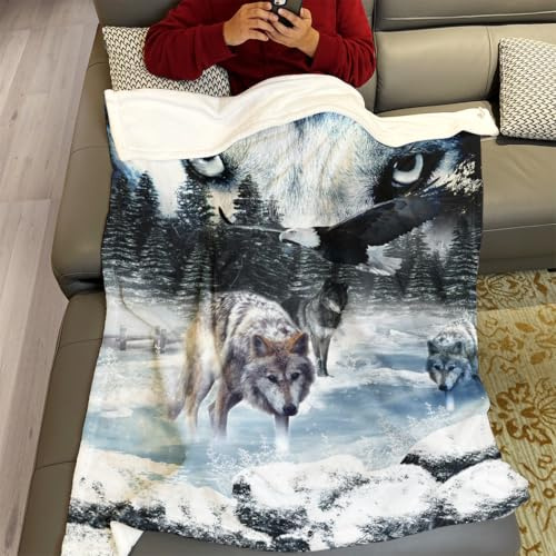 Dick Decke Weich Wärme Gemütlich Flanell-Fleece Sofadecke Deckeldecke Wolfsaugen Wölfe Adler Pinien Schnee 150 x 200 cm