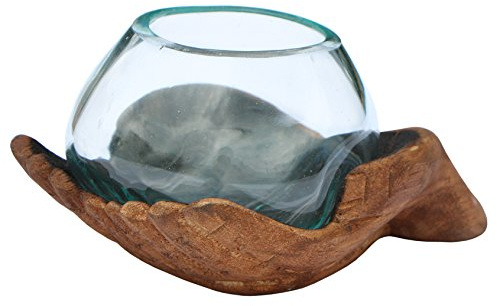 Gåva handgjord dekoration glas Ø 10 cm i snidad träskål vas hand XS