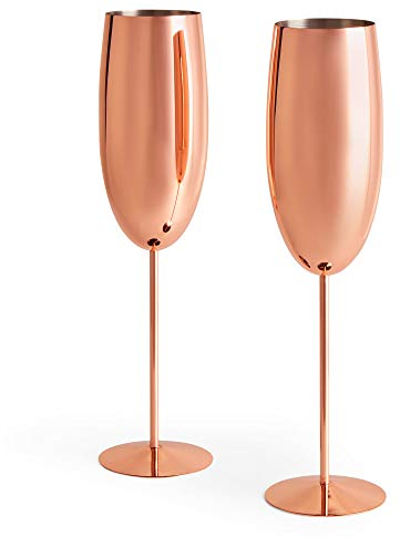 Beautify Champagne Flutes, Set of 2 Copper Stainless Steel Processco Glasses, 250ml Long Stem Champagne Glasses, Shatterproof Wine Glasses