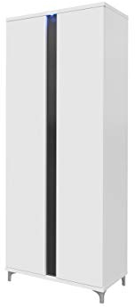 Drehtürenschrank Marokko MR16, LED Beleuchtung, Kleiderschrank, 3 Einlegeplatten und Kleiderstange, Elegantes Garderobenschränk (Weiß/Weiß Hochglanz + Schwarz Hochglanz)