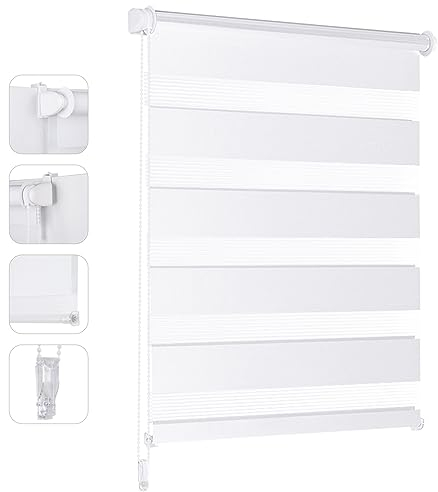 Sekey Doppelrollo Klemmfix ohne Bohren für Fenster, Doppelrollo 65 cm breit, Duo Rollo Jalousie Sonnenschutz, 65x130cm, Weiß