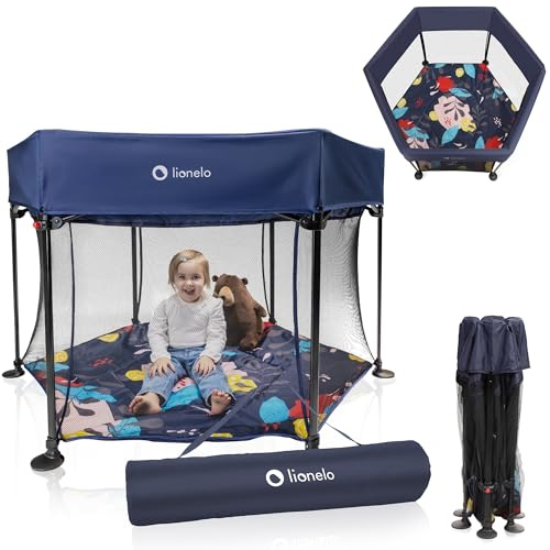 LIONELO Roel parque infantil bebe de 6 meses a 15 kg Cubiertas antideslizantes para las patas forma hexagonal bloqueo de plegado LockGuard plegado rápido bolsa de transporte