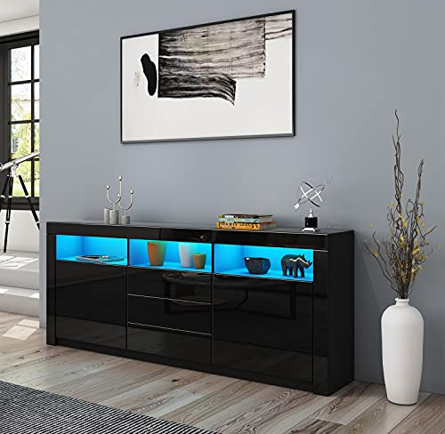 Sideboard Cabinet, High Gloss Sideboards TV Stand Unit 2 Doors 3 Drawers with LED Light Storage Cupboard for Living Dining Room 160x35x72cm (Black)