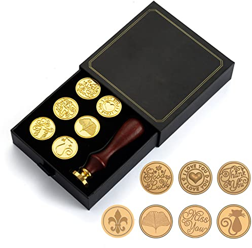 Juego de Sellos de Lacre, Kit de 7 sellos + Mango de Madera para sellar con cera. Caja Vintage para regalo, invitaciones, cartas o postales. Pack de sellos con cabezal intercambiable.