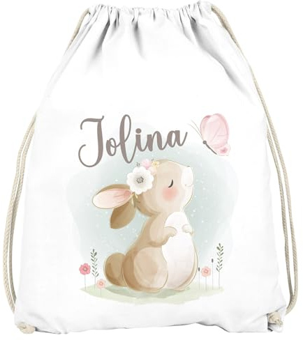 SpecialMe® Kinder Turnbeutel mit Name Tiermotive Bär, Hase, Fuchs personalisierte Geschenke Mädchen Jungen Weiss unisize