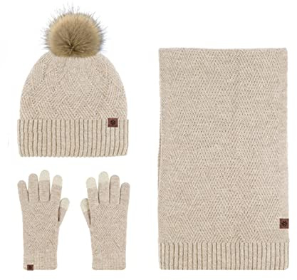 LumiSyne Winter 3 In 1 Mütze Schal Handschuh Sets Für Herren Damen Einfarbig Rhombus Strickmütze Beanie Langer Schal Touchscreen Handschuhe Bommelmütze Mit Pompom Weiche Wolle Thermisch Fleece Futter