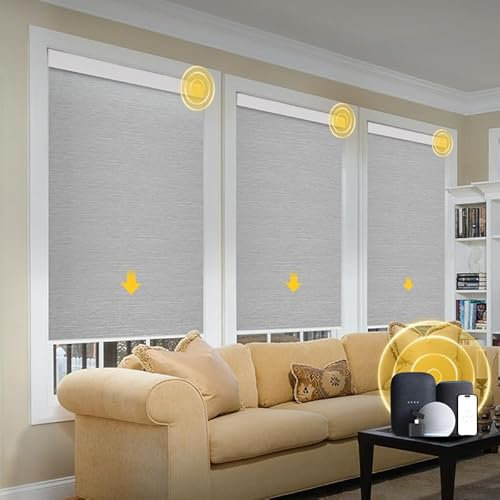 CITOLEN Motorized Blinds with Valance Cover Upgraded Smart Grasscloth Fabric Electric Remote Control Automatic Roller Shades for Windows Work Alexa Google Home, Gray, 23''W x 72''H (SM100)