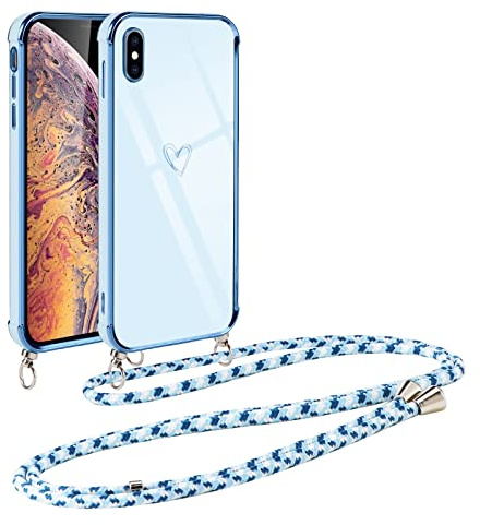 Vauki handyband für iPhone XS Max Hülle mit Band, Handyhülle mit Kette, Herz Motiv, Ultra Dünn Stoßfeste Aesthetic Case mit Kordel zum Umhängen für iPhone XS Max 6.5 Zoll, Blau