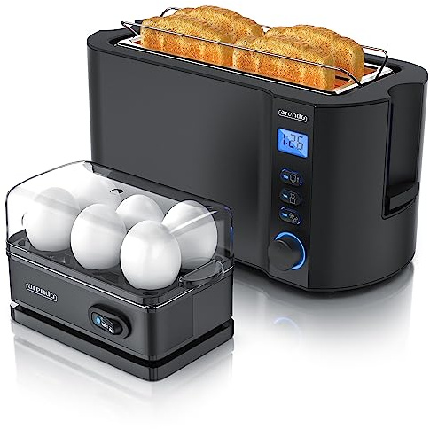 Arendo - SET Toaster MANHA mit Eierkocher SIXCOOK Edelstahl Schwarz, Toaster 4 Scheiben, LED-Display, 6 Bräunungsgrade, Brötchenhalter - Eierkocher 1-6 Eier, Messbecher