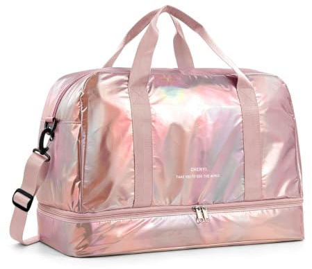 Vllcsla 40L Sac de Gymnastique, 50 x 32 x 25 cm, Sac de Sport Femme avec Compartiment à Chaussures, Sac de Week-End avec Poche Humide, Léger et Imperméable Sac de Voyage Femme (Rose)
