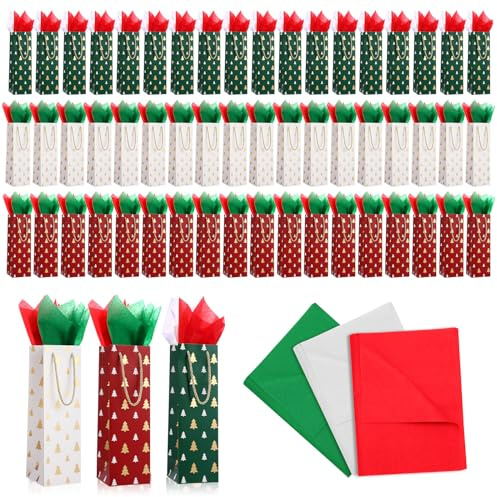 Woanger Wein-Geschenktüten für Weihnachten, Rot, Grün, Weiß, mit Griffen und 300 Seidenpapier für Whiskey, Spirituosen, Getränke, Weihnachten, Winterparty, Geschenkverpackungszubehör (Baum), 60 Stück