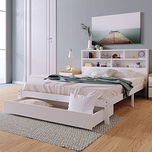Holzbett 140 x 200 cm mit Schubladen und Lattenrost, Massivholz Doppelbett mit Bücherregal Kopfteil, Bettrahmen, Bettgestell, Jugendbett, Kinderbett, Gästebett, für Jugendliche und Erwachsene, Weiß