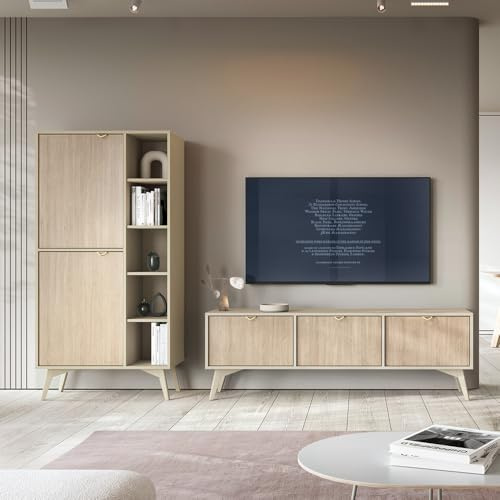 Lomadox Wohnmöbel Set Wohnwand beige, Front mit Fischgrätenmuster, 2-teilig, 1 Lowboard, 1 Regal