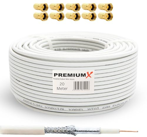 Premium X 20m Mini-Koaxialkabel 4mm (Weiß) Set inkl. 10 Stecker - Extra dünn & flexibel - 2-Fach geschirmt für Sat, DVB-T2, Kabel-TV - Ultra HD 4K