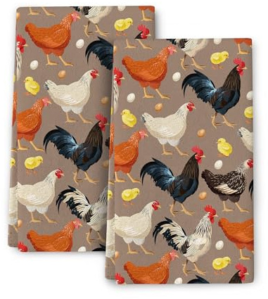 Wovoto Geschirrtücher mit Hahn und Huhn, saugfähig, Vintage, dekorative Küchentücher, Geschirrtücher, Retro-Küche, Backen, Bar, Badezimmer, Dekoration, Trockentuch, 2 Stück