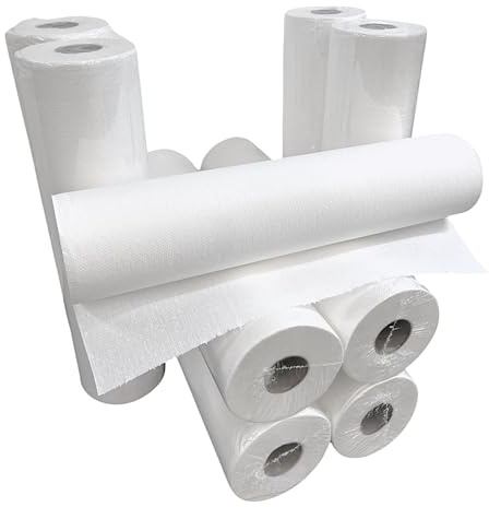 DE Healthcare Products – Ärztekrepp (9 Stück), 59 cm x 50 m, 2-lagig, je 40 cm vorperforiert, einzeln verpackt, saugstarke Ärzterolle, weiße Papierrollen als Liegenabdeckung