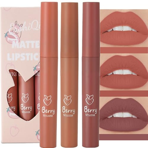 Nude Matte Lipstick Set, Lip Gloss Sets Liquid Lipsticks Long-Lasting Non Stick Cup, Pink Moisturizing Waterproof Smooth Velvet Lip Stain for Women Makeup(3Pcs)