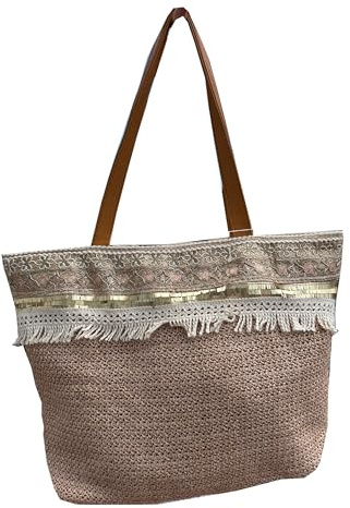 Bolso Mujer De Paja Rafia Para Verano Playa, Capazo De Esparto Mimbre Hecho a Mano, Cesta Totte de Hombro Grande Natural Estilo Étnico Bohemio Ecológico Tira Dorada