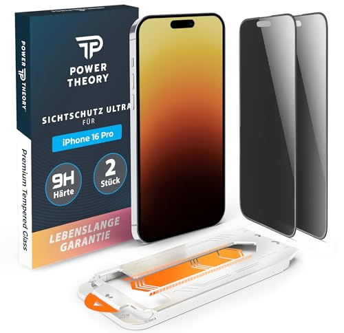 Power Theory Sichtschutz für iPhone 16 Pro Sichtschutz, Ultra-Glas Displayschutz Folie mit 9H Glas Bruchfestigkeit, Blasenfreie Anbringung & Schnelle Installation [2 Stück]