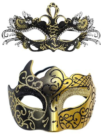 Oidea Masquerade Mask Couples Set: Gold Black Rhinestones Metal Cosplay Venetian Party Mask Halloween Costume Mardi Gras Mask for Couples Women and Men