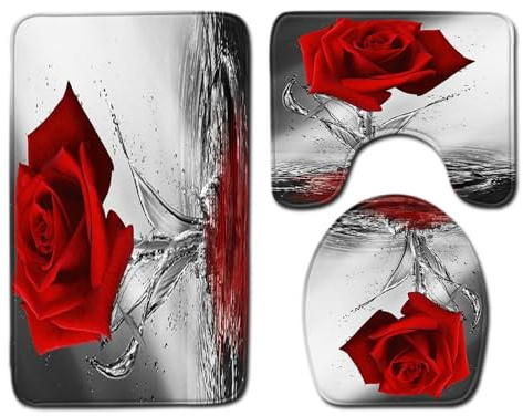 Bad Teppiche Set 3-Teiliges Graue Rote Rose WC Vorleger Mit Ausschnitt Badematte Saugfähig WC Deckelbezug Badvorleger rutschfest Waschbar Toilettensitzbezug Badgarnitur (45x75cm)