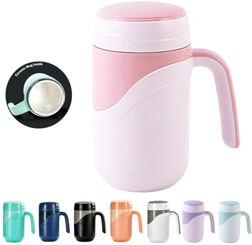 Klaraber Ceramic Travel Mug 12oz, 350ml Ceramic Liner Insulated Mug with Leak Proof Lid and Handle, Perfect for Coffee or Tea, Suitable for Using at Home, Office or School(White Pink)