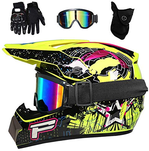 Juventud Niños MTB Casco de Motocross, con Gafas Guantes Mascarilla, Adulto Cara Completa Offroad Calle ATV Scooter Moto Cascos, Unisexo Cuesta Abajo Carreras Dirt Bike Chocar Casco(Yellow,XL/58-59CM)